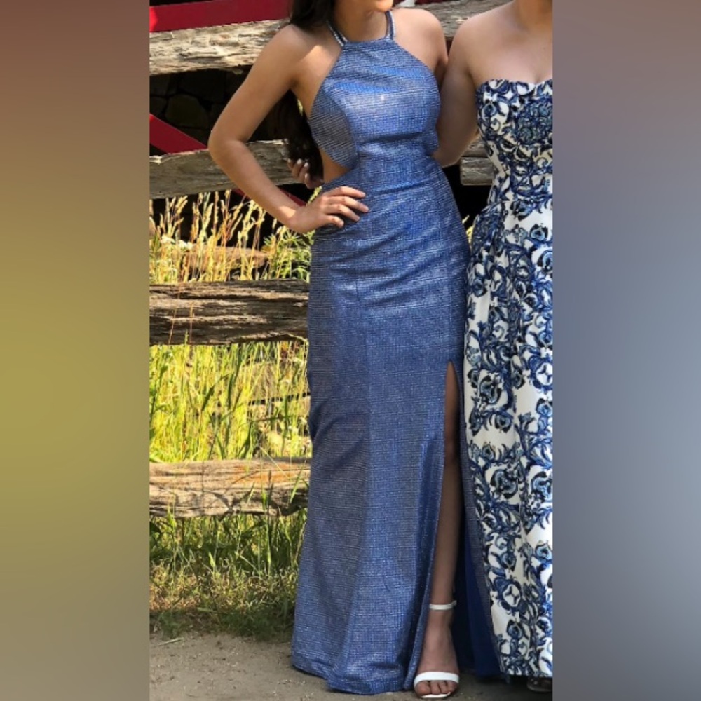 Camille La Vie Blue Halter Metallic Dress